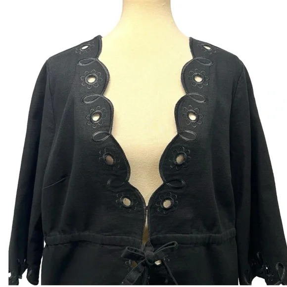 Bob Mackie Art To Wear Black Cotton Floral Eyelet Tie Waist Jacket Womens Large - Picture 2 of 11